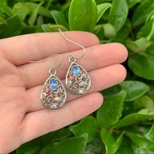 Silver Teardrop Shaped Dangly Earrings w/ Rhinestones